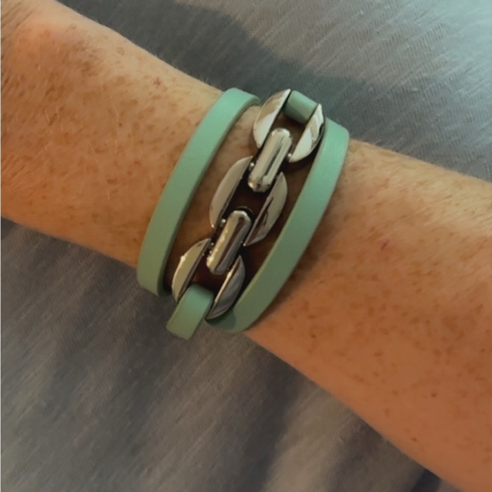 Tory Burch Turquoise leather Silver chain wrap bracelet - Picture 3 of 10